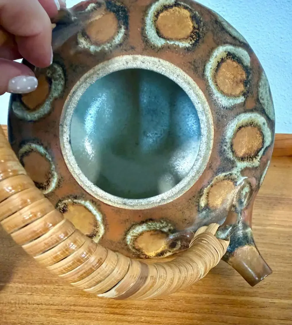 Vintage Hand-Painted Studio Pottery Teapot with Woven Rattan Handle